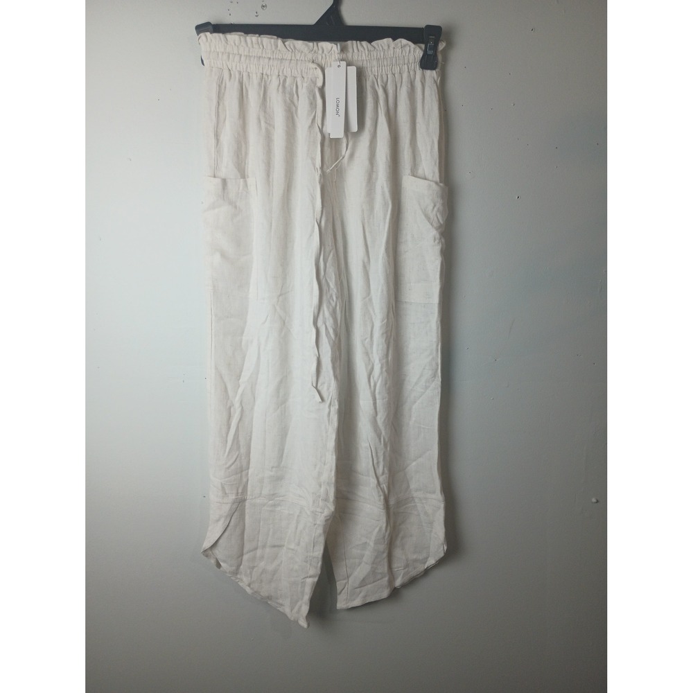 LOMON Women Cream Linen Blend Wide Leg Paperbag Waist Pants Tulip Hem Small NWT